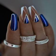 🔴Мы в инстаграмм. | OK.RU Blue And Silver Nails, Silver Nail Designs, Blue And White Nails, Heart Nail Designs, Gel Nail Art Designs, Fancy Nails Designs, Blue Acrylic Nails, Stylish Nails Designs, Nails Design With Rhinestones