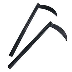 an image of two large black axes with long handles on white background, side by side