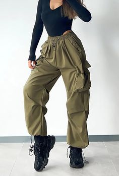 VELI - PARACHUTE CARGO PANTS Parachute Cargo Pants, Parachute Cargo, Fashion Bottoms, Style Cargo, Black Olive, Oversized Silhouette, Dress And Heels, Gym Wear, Powerful Women