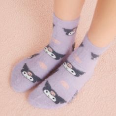 Short crew socks rendered in fuzzy knit and features Sanrio characters print, warm and cozy. One size. 100% Authentic. Kawaii Socks For Winter Gifts, Kawaii Socks For Stocking Stuffers In Winter, Playful Super Soft Winter Socks, Playful Super Soft Socks For Winter, Cute Super Soft Socks For Stocking Stuffers, Cute Cat Design Socks For Winter, Cute Winter Socks With Cat Design, Cute Cat Design Winter Socks, Cozy Purple Winter Socks