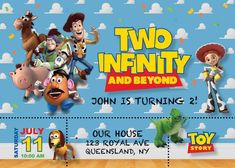 two infinity and beyond birthday party ticket with toy story characters on blue background