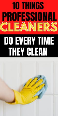 a person in yellow gloves and rubber gloves cleaning tile