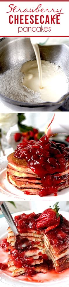 pancakes with strawberry cheesecake toppings are being served on a plate