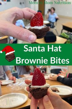 santa hat brownie bites are being held up by two hands in front of a table