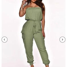 Chic Boutique Rose (Cbr). Bandeau Frill Hem Top & Drawstring Jumpsuit In Olive Green. Size Medium. Nwt. Denim Short Jumpsuit, Backless Romper, Lace Jumpsuit, Pink Rompers, Zara Basic, Hem Top, Striped Jumpsuit, Calvin Klein Woman, Lace Romper