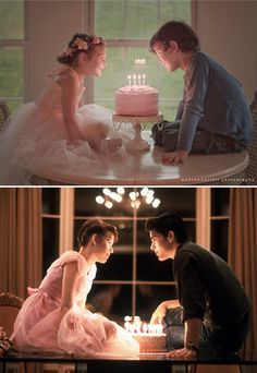 two pictures of people sitting at a table in front of a cake with candles on it