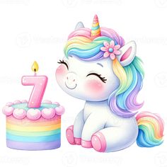 a little unicorn sitting next to a birthday cake