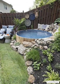 an above ground pool surrounded by rocks and plants with text overlay that reads free instagram followers trial get fast - free id followerss