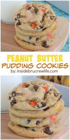 peanut butter pudding cookies are stacked on top of each other with chocolate chips and candy