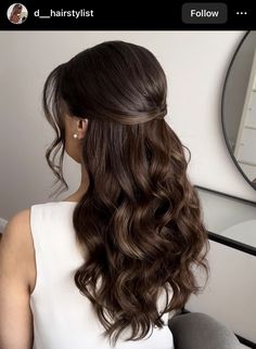 Half Up Hairstyle Bridesmaid, Polished Bridesmaid Hair, Brunette Half Up Half Down Hair, Pageant Hairstyles Half Up Half Down, Wedding Hair Inspo Medium Length, Half Up With Volume, Soft Bridal Hairstyles, Wedding Hairstyles No Veil, Half Up Half Down Hairstyles Fancy