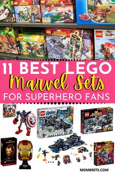 the best lego maue sets for superhero fans are on display in this store with text overlay that reads,'11 best lego maue sets for superhero fans