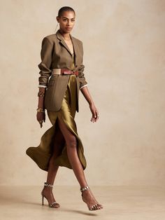 Dreamer Silk Dress | Banana Republic Slip Dress Business Casual, Brown Slip Dress Outfit Winter, Winter Silk Dress Outfit, Shoes With Slip Dress, Safari Chic Outfits Women, Silk Clothes Aesthetic, Italian Summer Clothes, Green Silk Dress Outfit, Silk Dress With Blazer