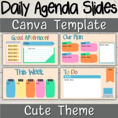 the daily agenda slides for canva template is shown in three different colors and sizes