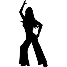 the silhouette of a woman dancing with her hands in the air, wearing wide legged pants