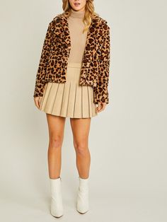 NO REFUNDS-please check sizing Small (2/4), Medium (6/8), Large (10) Get ready to make a bold fashion statement with our Faux Fur Leopard Print Teddy Jacket. This jacket features a trendy and eye-catching leopard print that adds a touch of wildness to your outfit. The soft and fuzzy faux fur fabric provides a luxurious feel and keeps you warm and cozy during the chilly autumn weather. The full lining ensures comfort and durability, making it a go-to piece for the season. With its collared design Brown Fall Party Outerwear, Autumn Weather, Collared Jacket, Cozy Tops, Teddy Jacket, Faux Fur Fabric, Everyday Look, Warm And Cozy, Fashion Forward