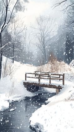 a painting of a snowy scene with a bridge over a stream and snow falling on the ground