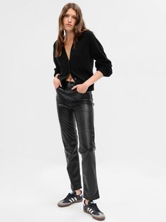 High Rise Faux-Leather Cheeky Straight Pants | Gap Black Turtleneck Outfit, Turtleneck Outfits, Vegan Leather Pant, Leather Pants Outfit, Pant Trends, Black Leather Pants, Leather Pant, Black Turtleneck, Gap Pants