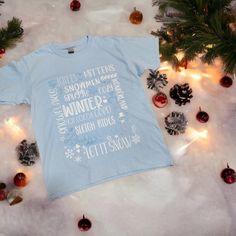 New With Tags Gildan Women's Winter Wonderland T-Shirt Size Small Light Blue Shirt With Blue & Glitter White Writing. Blue Winter Tops With Text Print, Winter Blue Tops With Text Print, Blue Text Print Top For Winter, Blue Text Print Tops For Winter, Light Blue Shirt, Light Blue Shirts, Winter Snowflakes, Sleigh Ride, Small Light