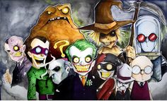 a group of cartoon characters standing next to each other in front of a wall with an evil clown on it