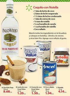 an advertisement for nutella products with the names in spanish and english, including almonds, milk, yogurt, cocoa