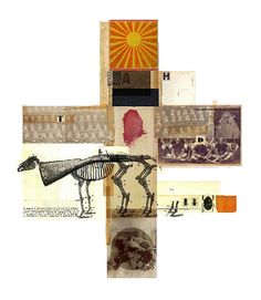 a collage of pictures with horses and other things on it's sides, including an orange sun in the background