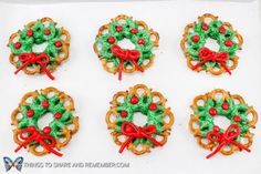 christmas pretzels decorated with green and red decorations