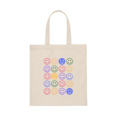 Retro Bright Smiley Face Canvas Tote Aesthetic Tote Bag | Etsy Trendy White Reusable Bags, Trendy Canvas Gift Bag For Daily Use, Summer Tote Bags For Daily Life, Trendy Reusable Bags For Everyday Use, Trendy Multicolor Canvas Bag For Everyday, Trendy Multicolor Reusable Bags, Trendy Everyday Reusable Shoulder Bag, Trendy Reusable Rectangular Canvas Bag, Beige Reusable Bags For Daily Use