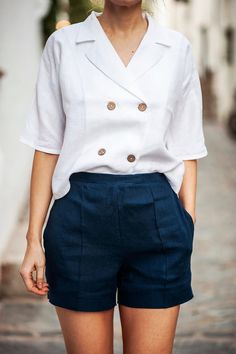 Double Breasted Linen Shirt SALMA Linen Shirt Short Sleeves | Etsy Body Type Clothes, Linen Sleeveless Top, White Linen Top, Evening Outfits, Linen Shorts, Linen Top, Linen Clothes, Lithuania, Linen Shirt