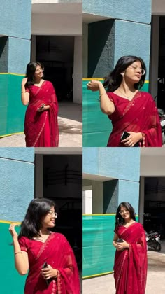 a woman in a red sari pointing at something