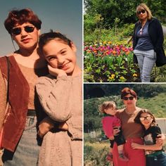 four different pictures with people and flowers in the middle one is holding a child, the other two are wearing sunglasses