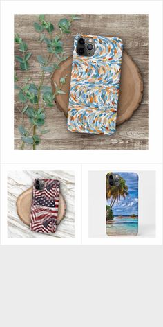 the phone case is designed to look like an ocean scene with waves and palm trees