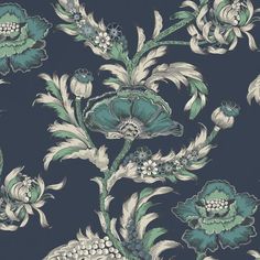 a blue and green floral wallpaper with large flowers on the left side of it