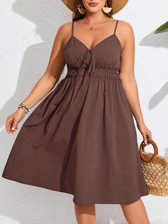 Plus Size Women's Simple Solid Color Daily Spaghetti Strap Dress Brown Casual  Sleeveless Woven Fabric Plain Cami Non-Stretch  Women Plus Clothing, size features are:Bust: ,Length: ,Sleeve Length: Affordable Plus Size Clothing, Slim Fit Top, Spaghetti Strap Dress, Trendy Plus Size Clothing, Plus Size Kleidung, Kids Beachwear, Strap Dress, Spaghetti Strap Dresses, Dress P