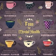 the teas for mental health poster with different types of cups and saucers on it