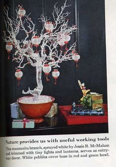 an article in a magazine about christmas decorations and tree branches with ornaments hanging from them