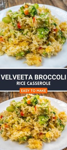 broccoli rice casserole on a white plate with the words, velveeta broccoli rice casserole easy to make