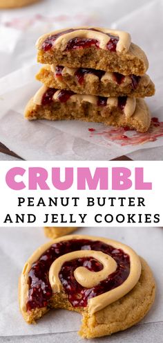 peanut butter and jelly cookies are stacked on top of each other with the words crumbl