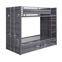 the bunk bed is made from metal and has two drawers on each side, with one drawer