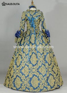 Renaissance Colonial Antique Floral Brocade Dress Vintage Victorian Era Historical Period Ball Gown Reenactment Theater Clothing Blue Vintage Victorian Dress With Baroque Style, Blue Vintage Victorian Dress In Baroque Style, Blue Baroque Victorian Dress, Vintage Dresses For Medieval Festivals With Historical Design, Vintage Victorian Dress For Fancy Dress And Medieval Festivals, Historical Baroque Style Dress, Historical Ornate Medieval Dress For Fancy Dress, Historical Baroque Medieval Dress For Fancy Dress, Baroque Medieval Dress For Fancy Dress