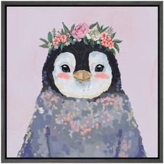 a painting of a penguin wearing a flower crown