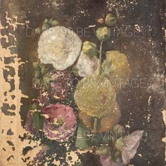 a painting of flowers in a vase on a brown and black background with peeling paint