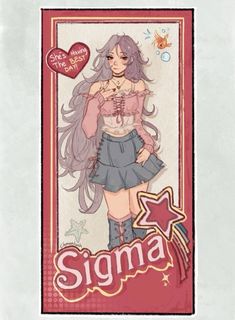 a girl with long hair standing in front of a red and white sign that says stigma