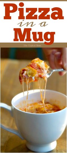 the cover of pizza in a mug is being lifted with a spoon from a white bowl