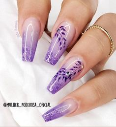 Purple And White Nails, Purple Nail Art Designs, Purple Ombre Nails, Purple Glitter Nails, Nails Yellow, Long Acrylic Nail Designs, Ombre Nails Glitter