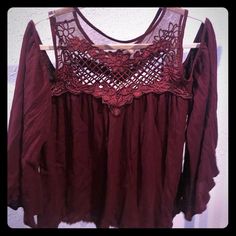 Cranberry Color, Crochet Top With Sheer, Cold Shoulders, Wide Sleeve Top Bohemian Burgundy Tops For Spring, Bohemian Burgundy Top For Spring, Long Sleeve Burgundy Blouse For Summer, Burgundy Long Sleeve Blouse For Summer, Burgundy Long Sleeve Summer Blouse, Sage Purple, Sage Top, Wide Sleeve Top, Cranberry Color