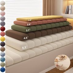 the bed is made up with different colors and sizes