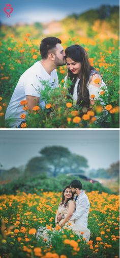 a couple kissing in a field full of orange and yellow flowers with the caption's name on it