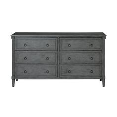 an old gray dresser with drawers and knobs on the bottom drawer, against a white background