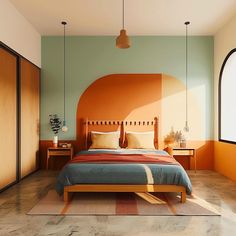 an orange and blue bedroom with a bed in the middle, two nightstands on either side