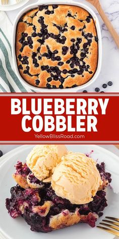 blueberry cobbler with ice cream on top and in the background, there is a serving dish